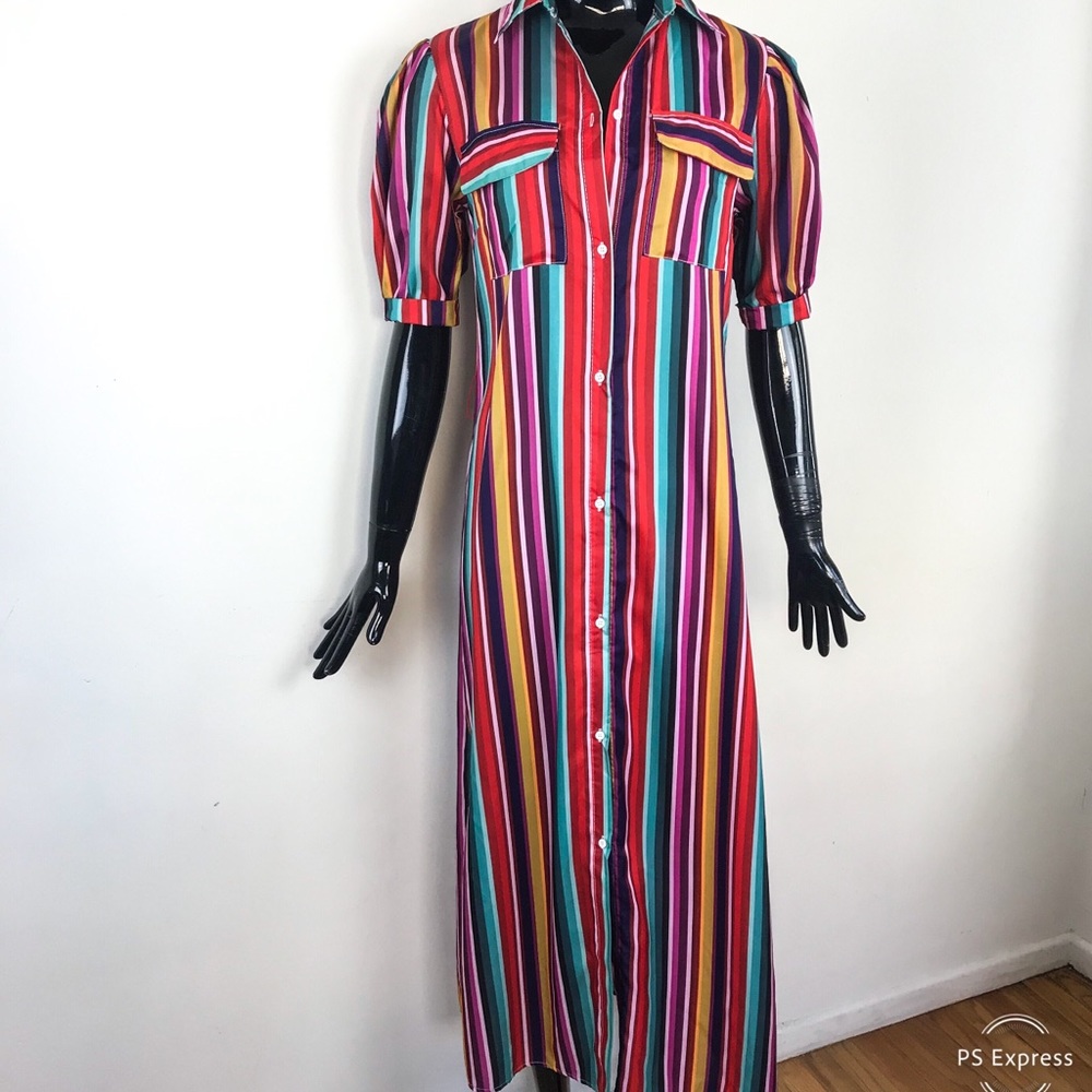 Bohemia Striped Rainbow Maxi Shirt Dress Medium